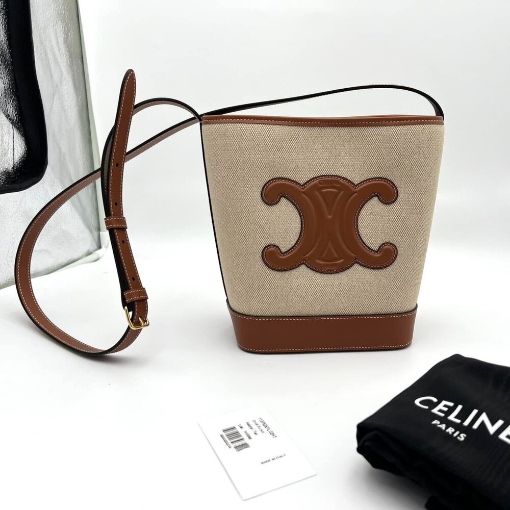 New Celine Small Triomphe Bucket Bag in Fabric and Calfskin - Natural/Tan